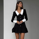 French Black Dress Colorblock Collared Slimming Hip Bag Dress Women